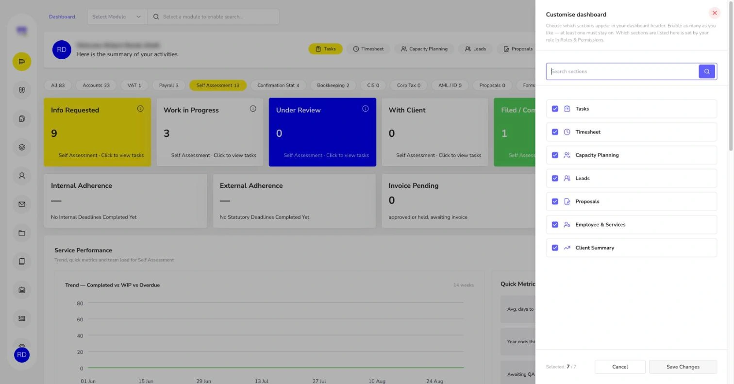 Customise dashboard panel with section checkboxes