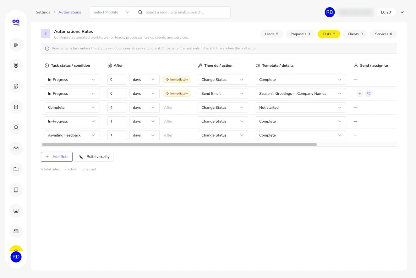 Task automation rules with immediate and delayed actions