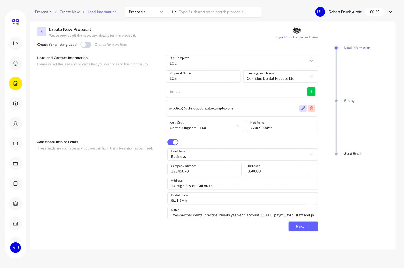 New proposal for an existing lead with additional information including lead type, company number, turnover and address