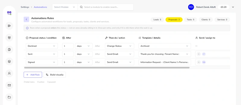 Proposal automation rules for declined, sent and signed proposals with wait times, actions, templates and recipients