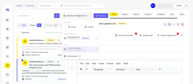 Mailbox switcher with Gmail, Outlook, company email, team mailbox and all accounts