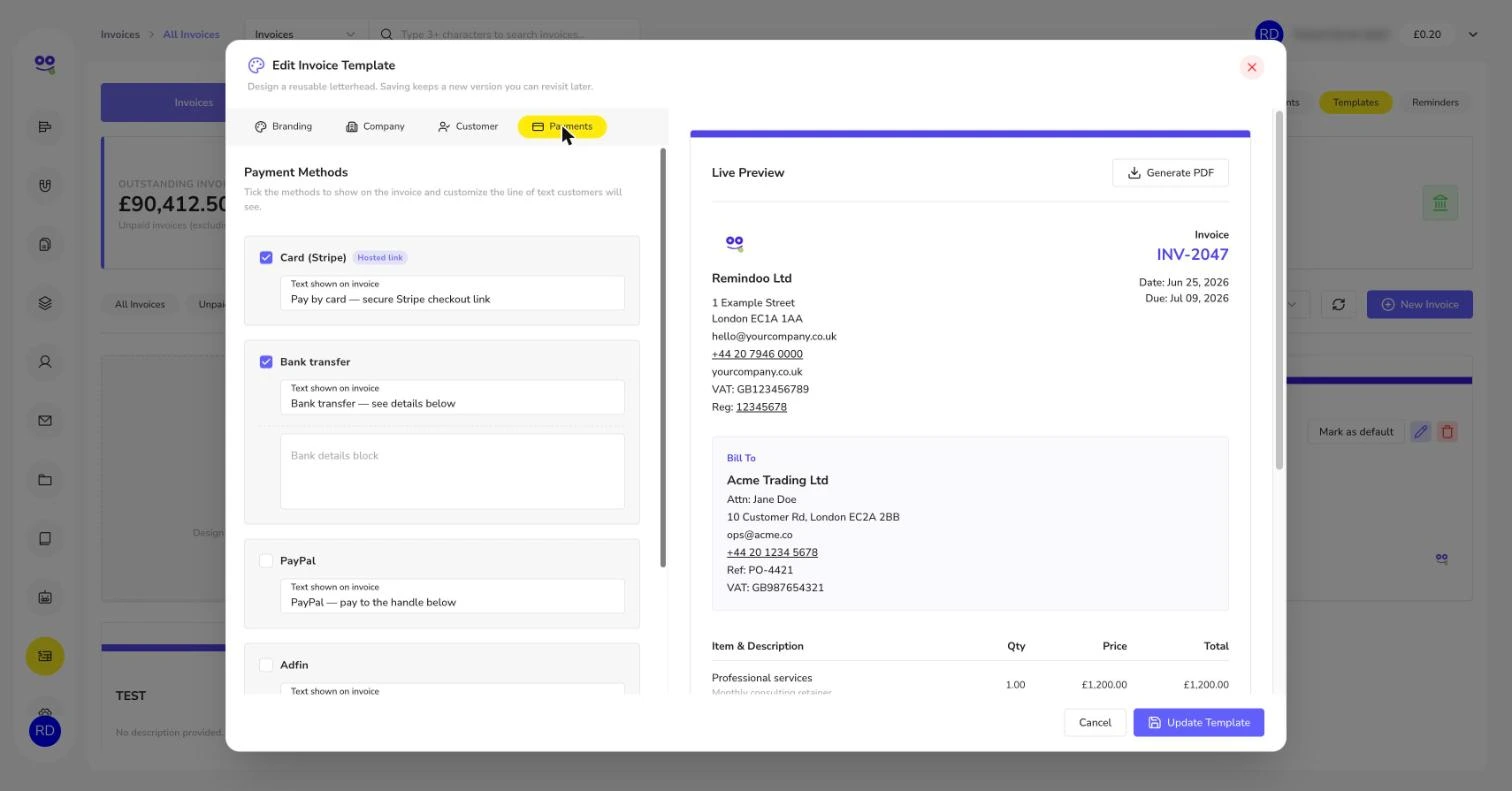 Invoice template payment methods