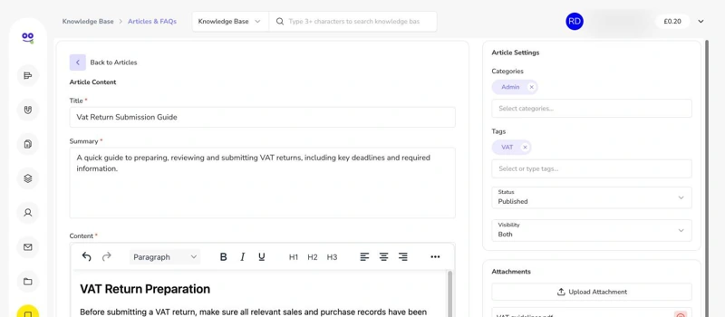 Article editor with categories, tags, status, visibility, attachments and links