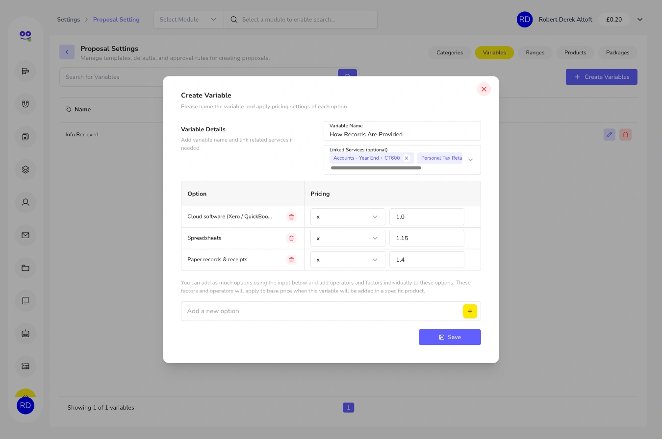 Create variable dialog with options for cloud software, spreadsheets and paper records and price multipliers