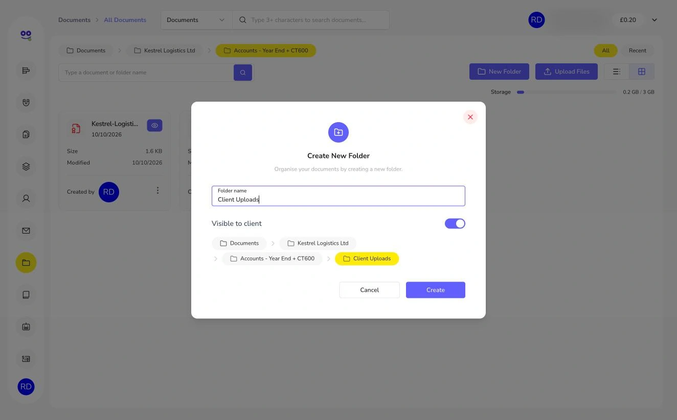 Create new folder dialog with visible to client toggle and path