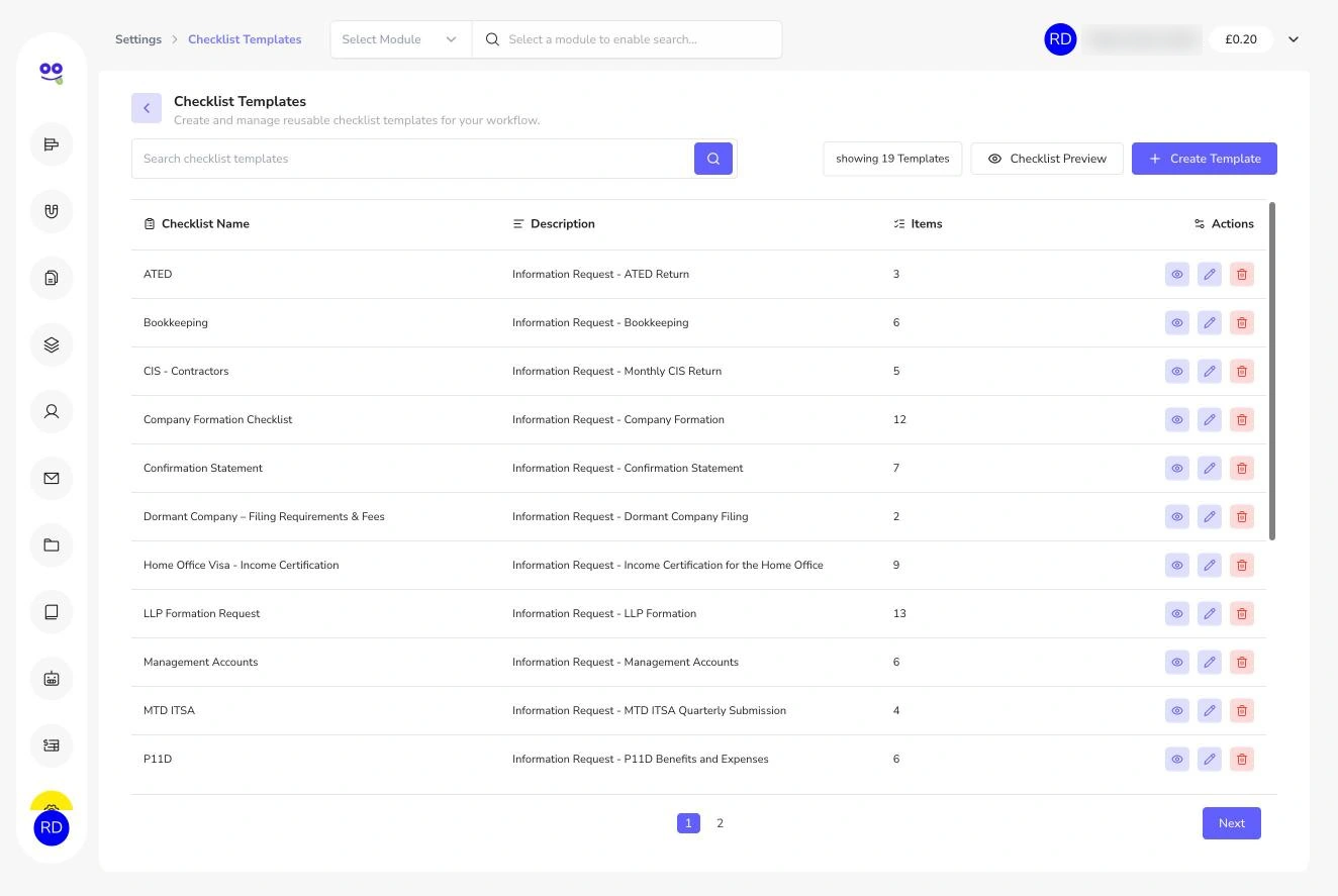Checklist templates list with descriptions and item counts