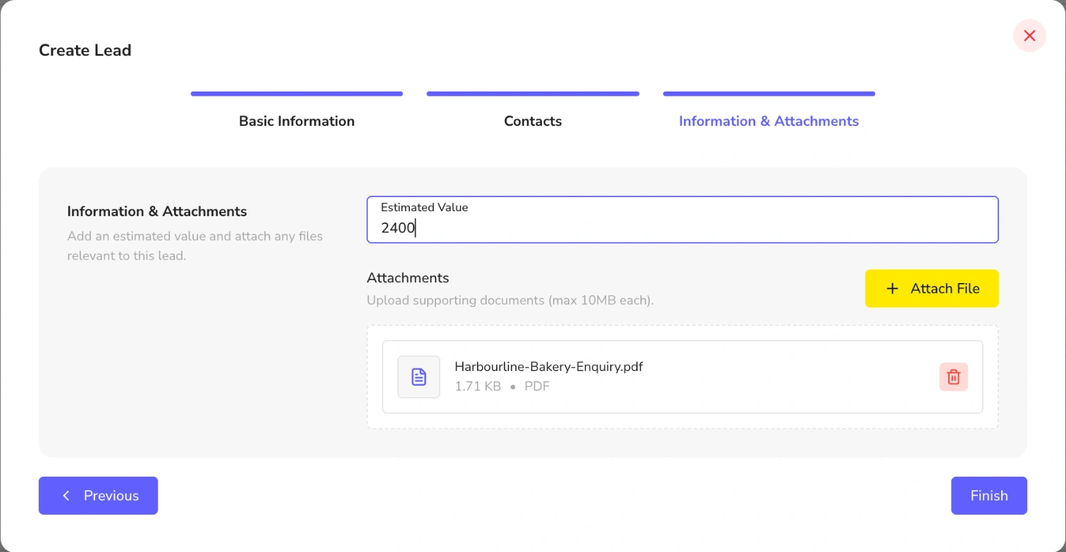 Information and attachments step with estimated value of 2400 and an attached PDF enquiry document