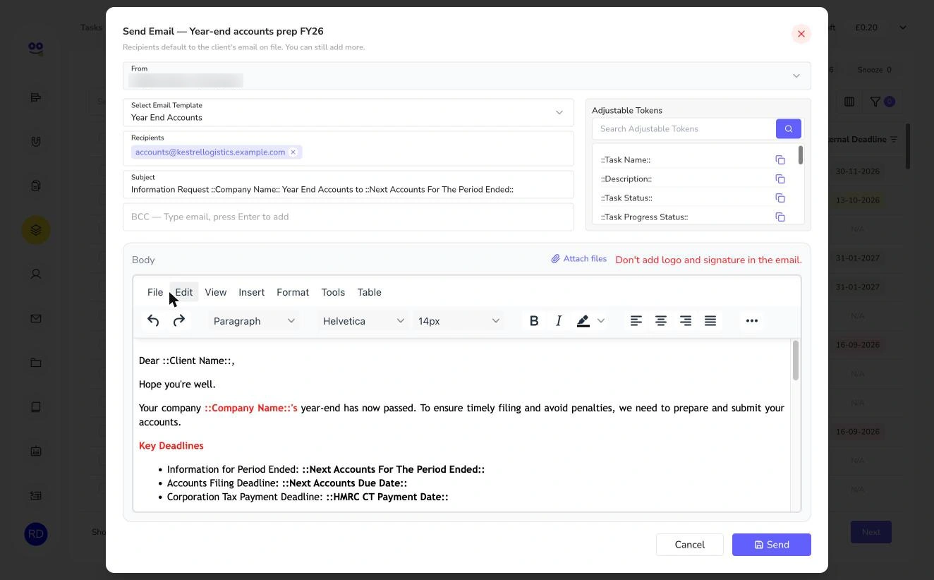 Send email from task with year end accounts template and tokens