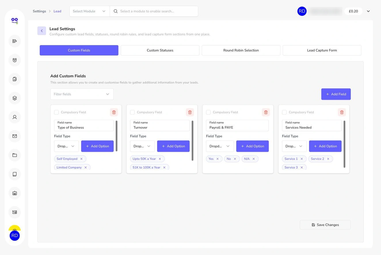 Lead custom fields with dropdown options
