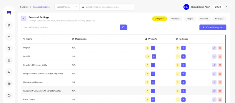 Proposal settings categories list with client types and product and package counts