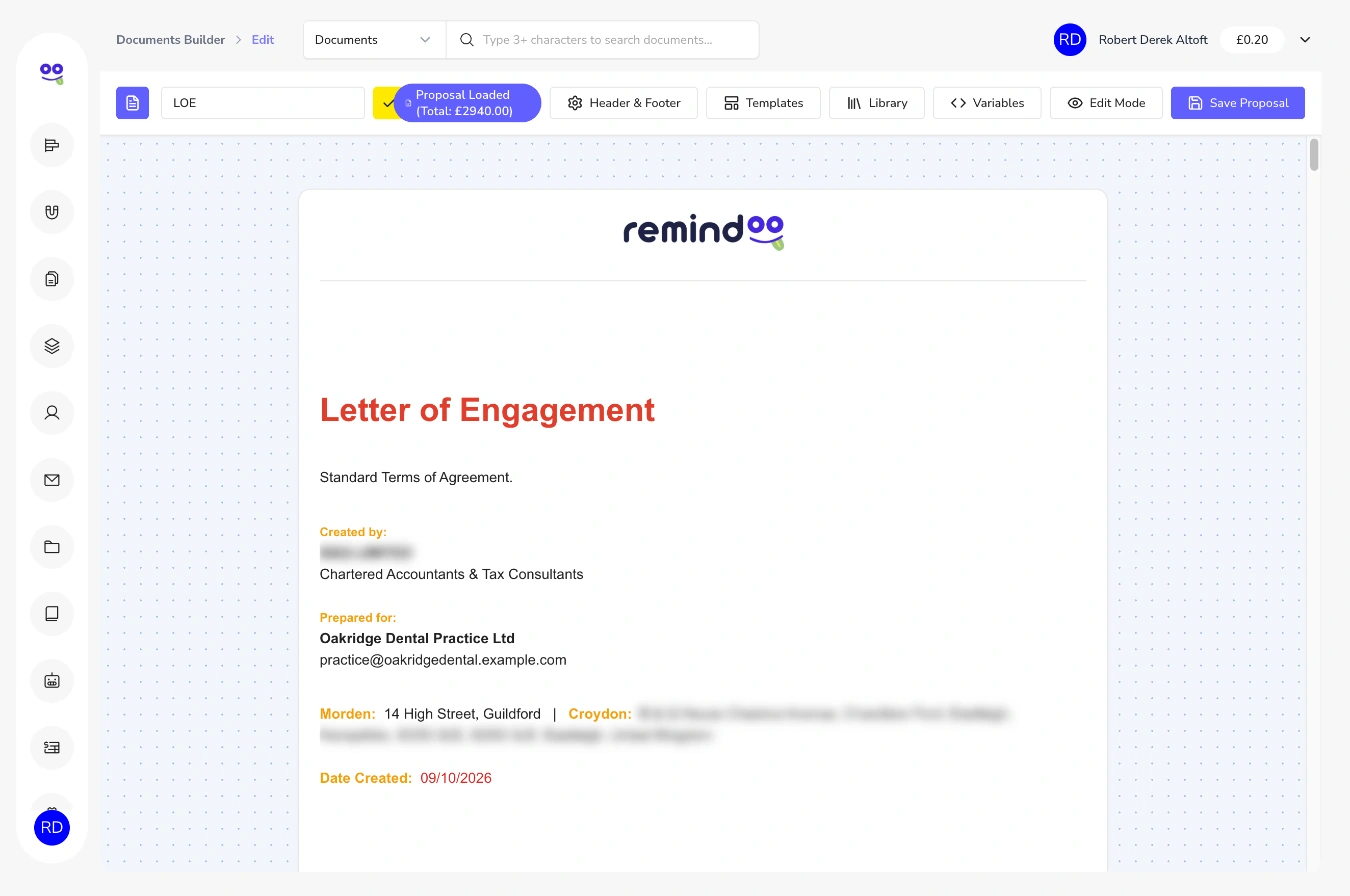 Personalised letter of engagement prepared for a sample dental practice