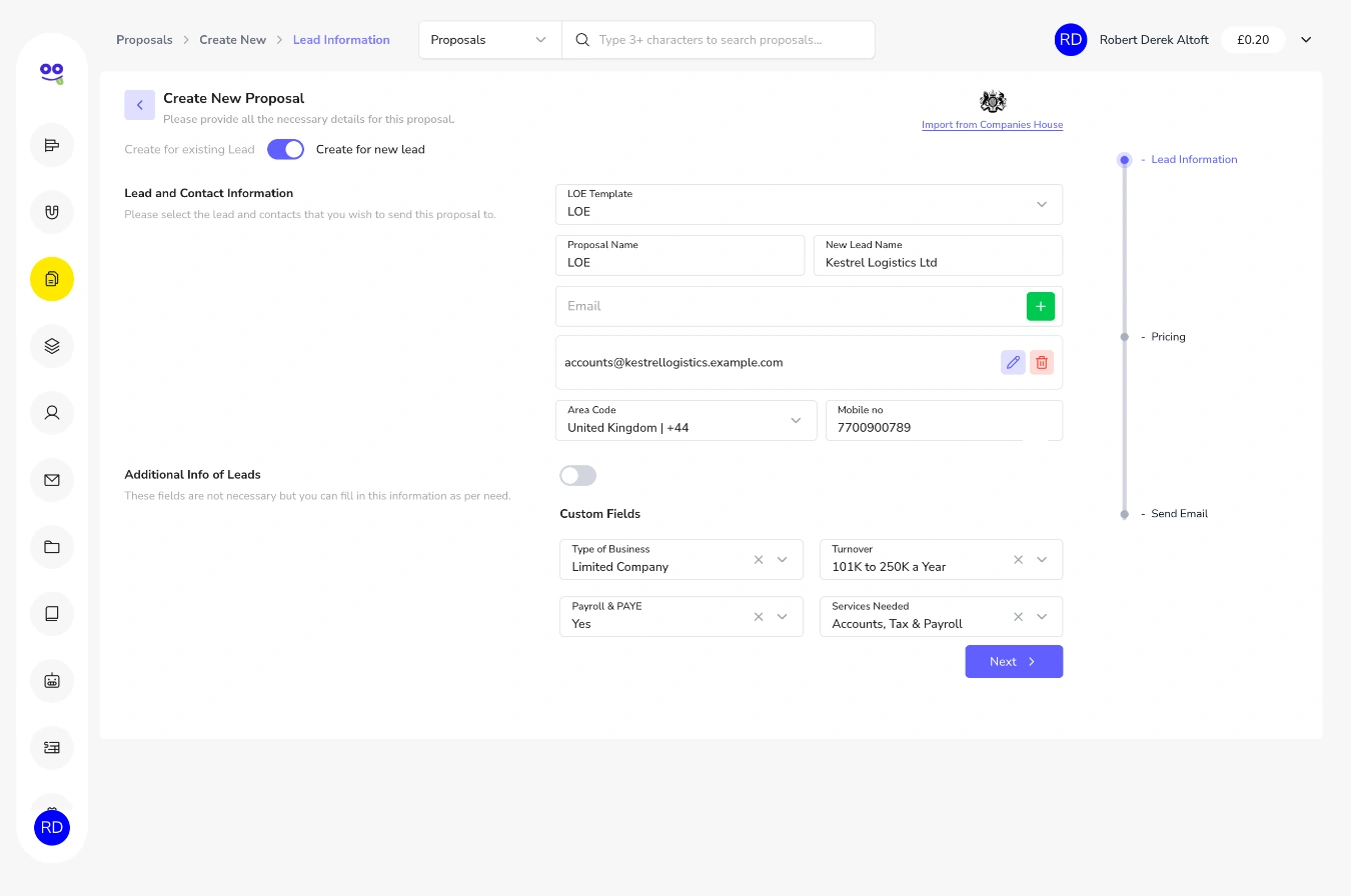 Create new proposal form for a new lead with template, lead name, email, mobile and custom fields