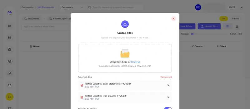 Upload files dialog with two PDFs and visible to client toggle