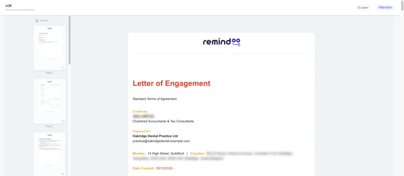 Client view of a shared letter of engagement with page thumbnails