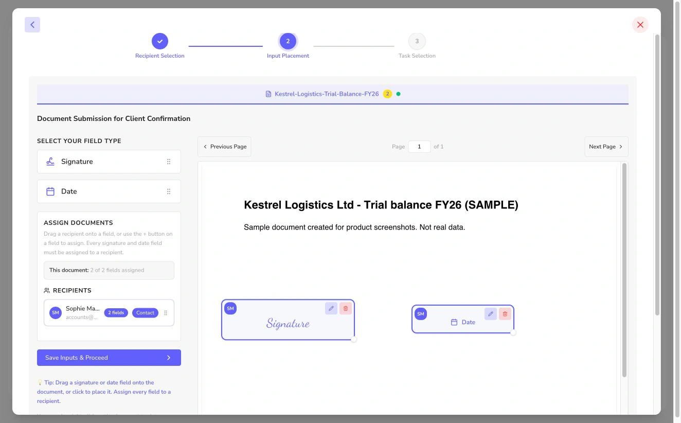Signature and date fields placed on a PDF