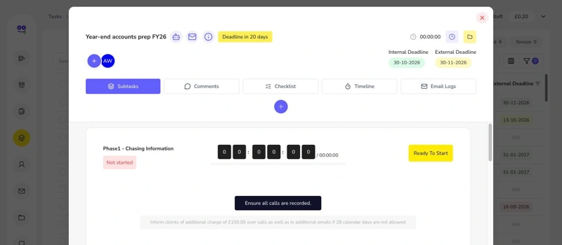 Task workspace with subtask card, timer and Ready To Start button