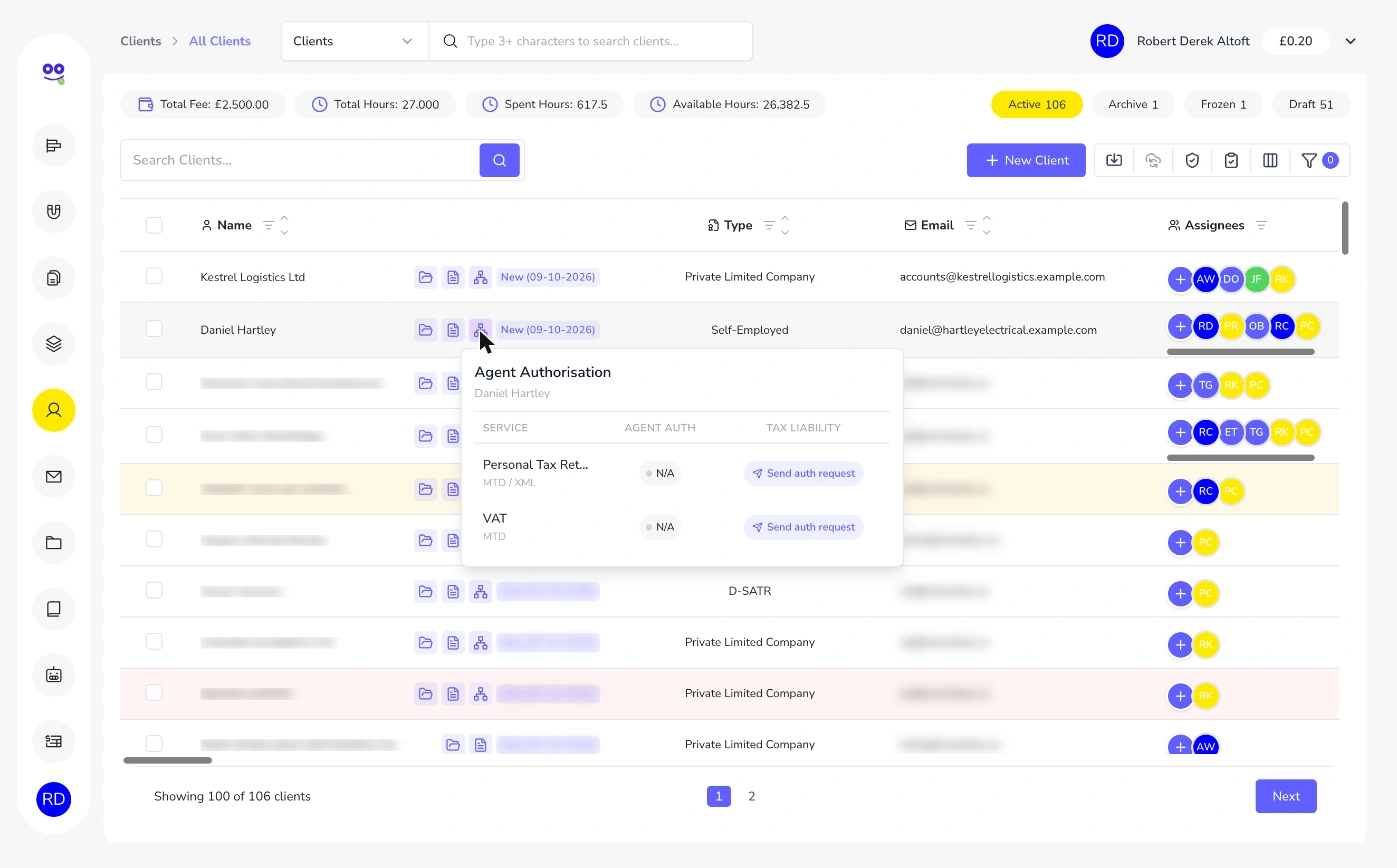 Agent authorisation popover for personal tax return and VAT