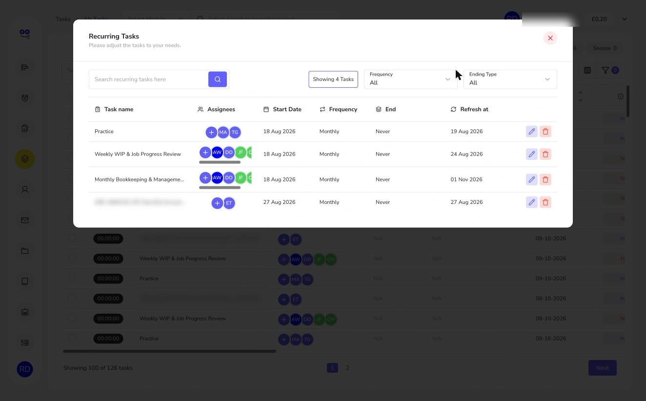 Recurring tasks list with frequency, end and refresh dates