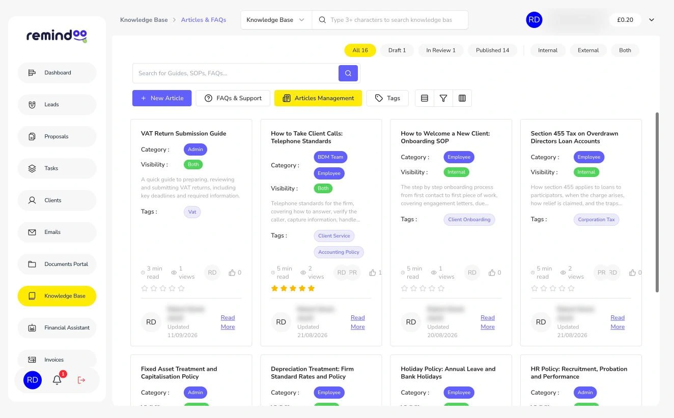 Knowledge base article cards with categories, visibility, tags and ratings