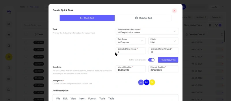 Create Quick Task form with status, priority, estimated time, billable toggle, deadlines and assignees