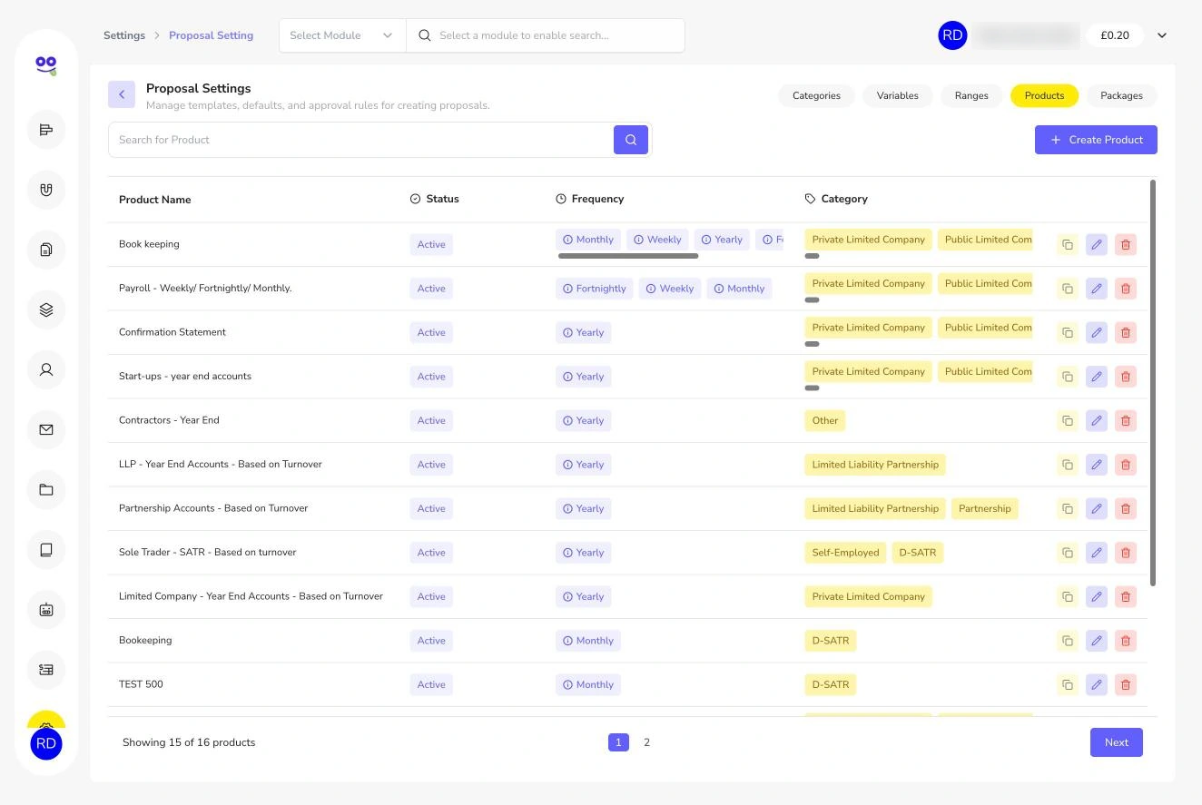 Proposal products with frequencies and categories