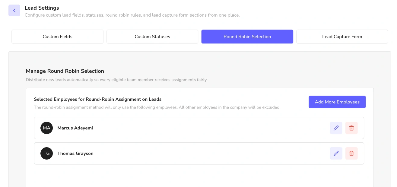 Unlimited leads and multiple assignees in Remindoo: Round robin selection settings listing the employees who receive new leads automatically