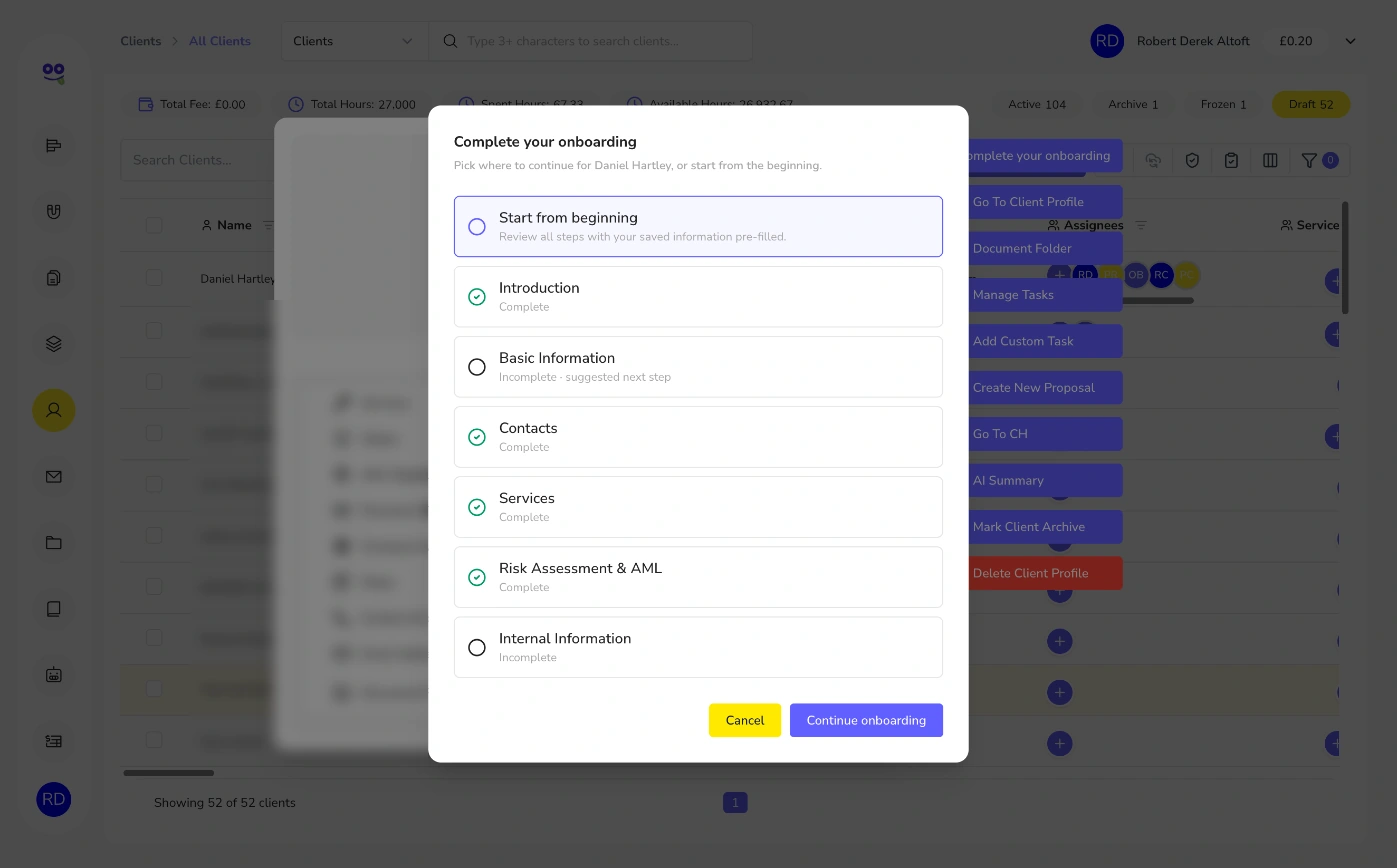 Complete your onboarding dialog showing completed and incomplete steps