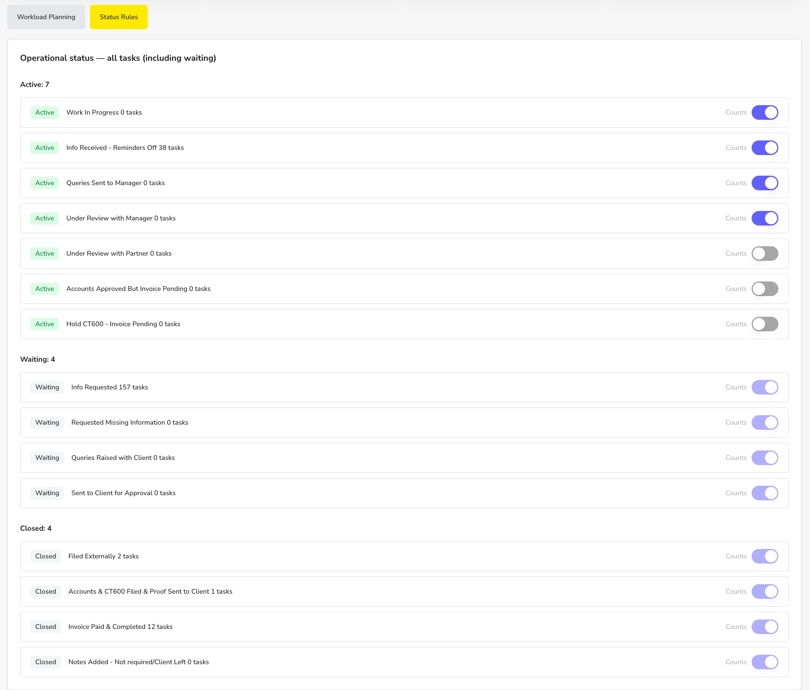 Capacity planning status rules with active, waiting and closed task statuses and toggles to choose which count towards capacity