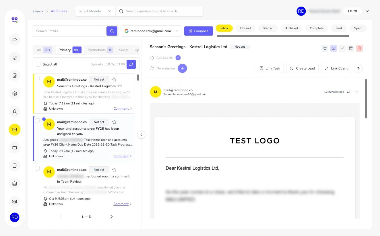 Remindoo email inbox with folders, categories, email list and reading pane