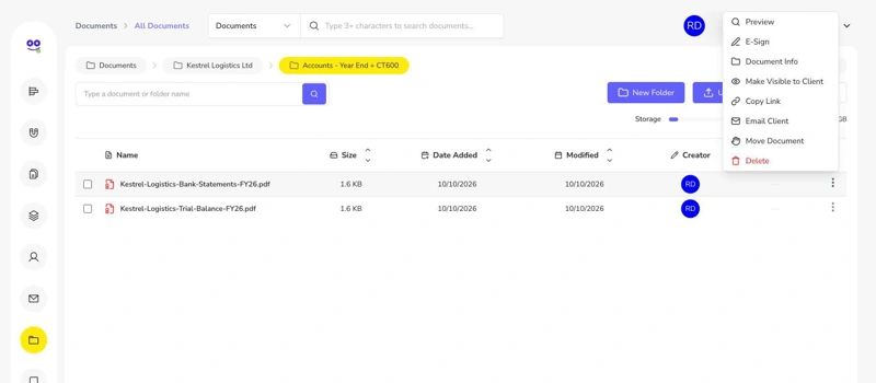 Document actions menu with preview, e-sign, visibility, copy link, email client and move