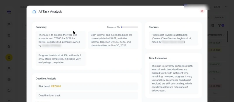 AI task analysis with summary, medium risk level, blockers and time estimation