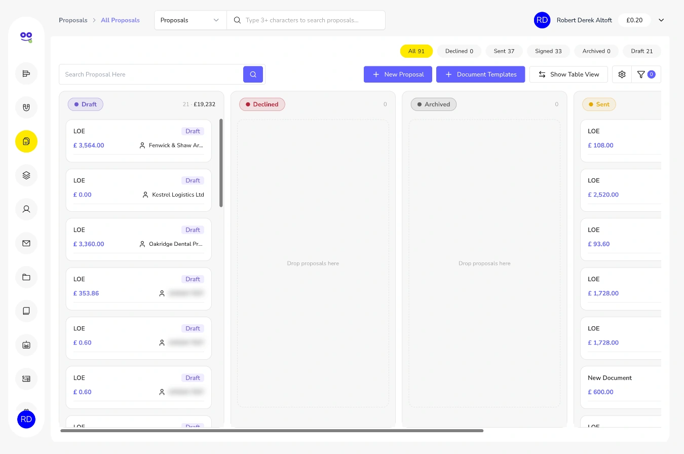 Proposal kanban board with Draft, Declined, Archived and Sent columns and proposal cards showing fees and lead names
