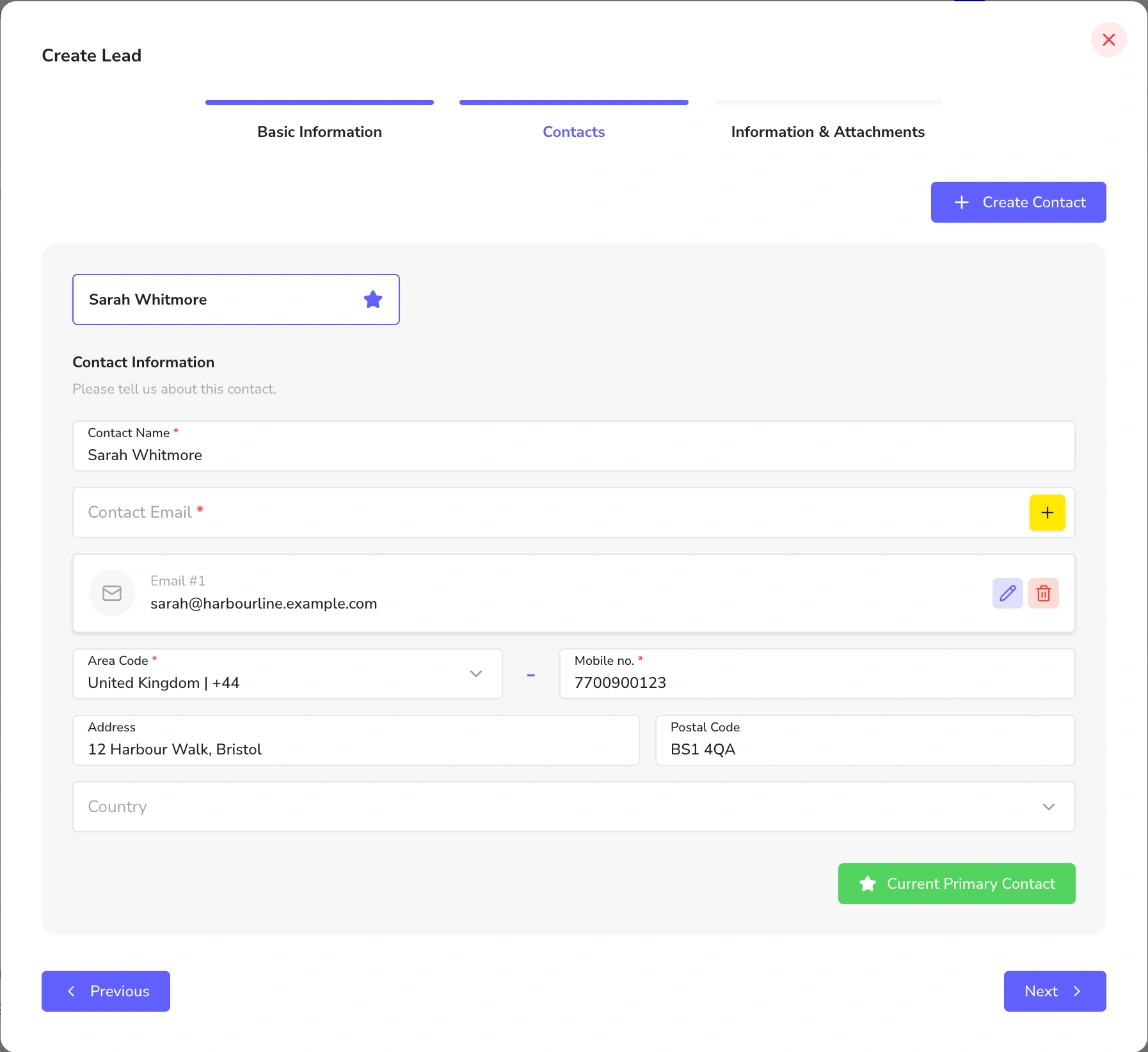 Contacts step of Create Lead showing Sarah Whitmore set as current primary contact