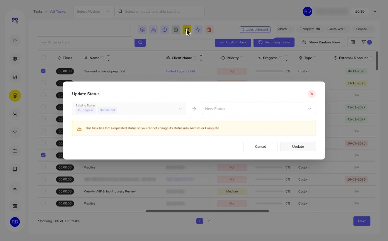 Update status dialog with warning about info requested tasks
