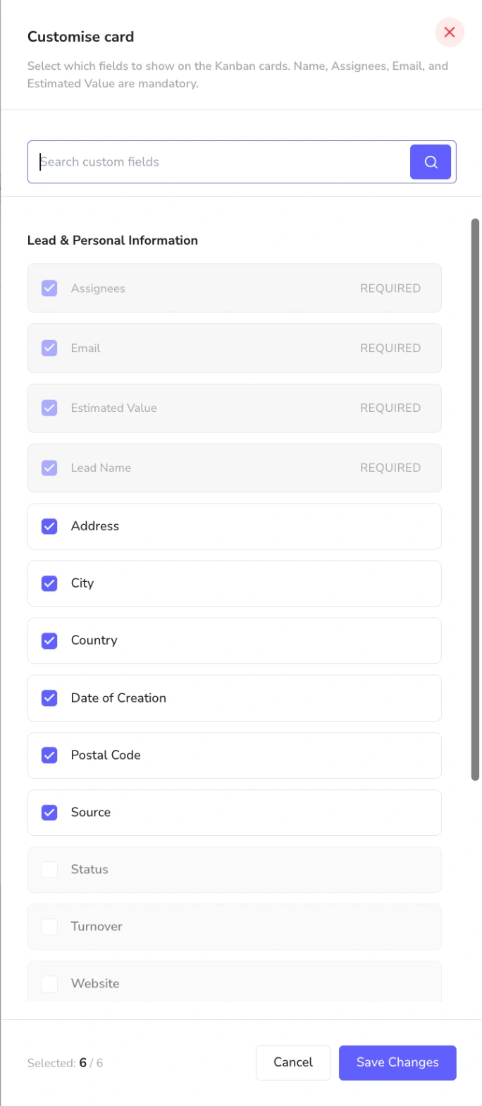 Customise card panel listing lead fields that can be shown on Kanban cards with required fields marked