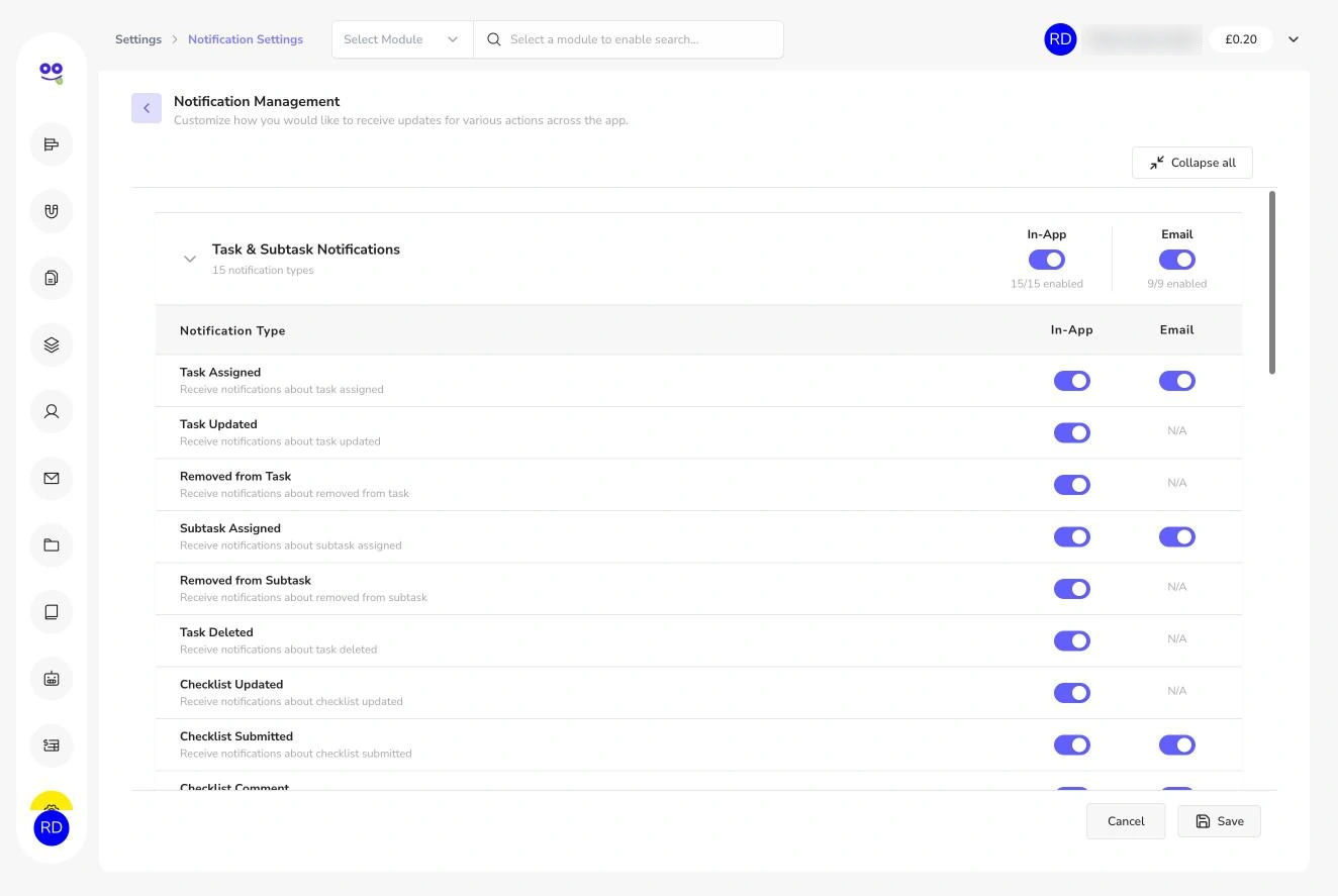 Notification management with in-app and email toggles