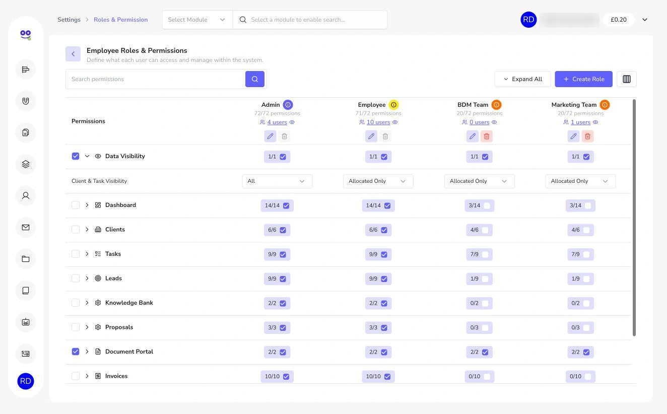 Roles and permissions matrix with data visibility and module permissions