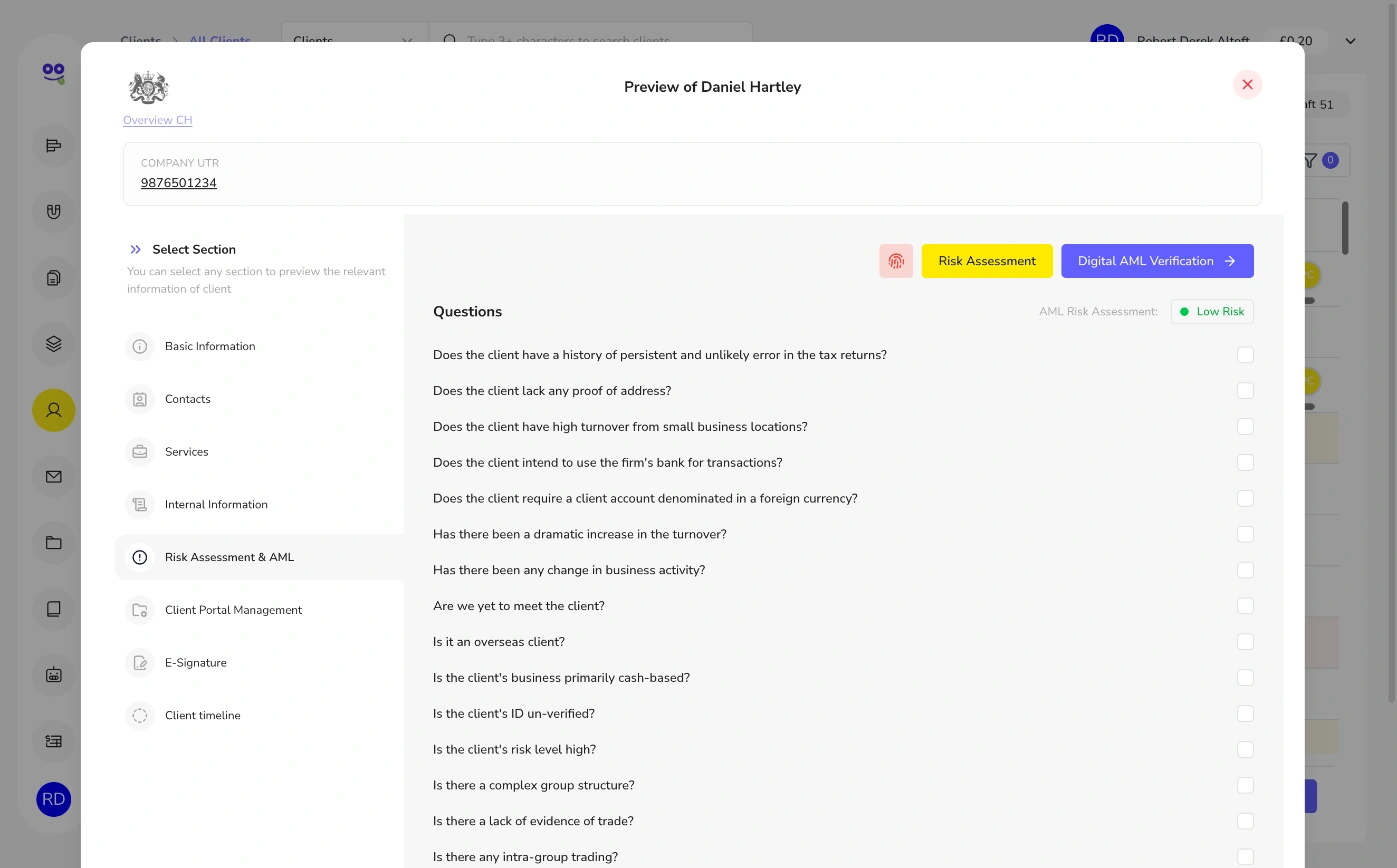 Client profile risk assessment and AML section
