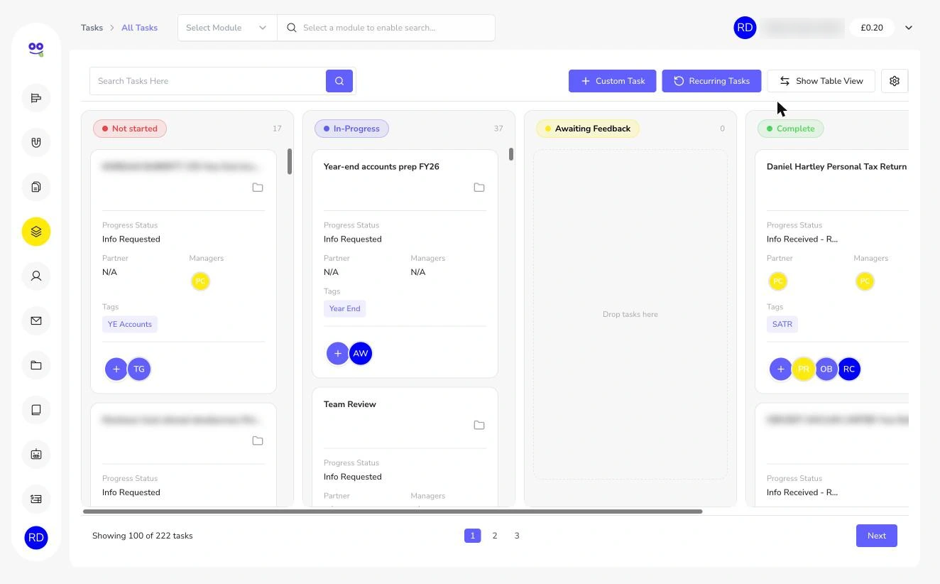 Task Kanban board with Not started, In-Progress, Awaiting Feedback and Complete columns