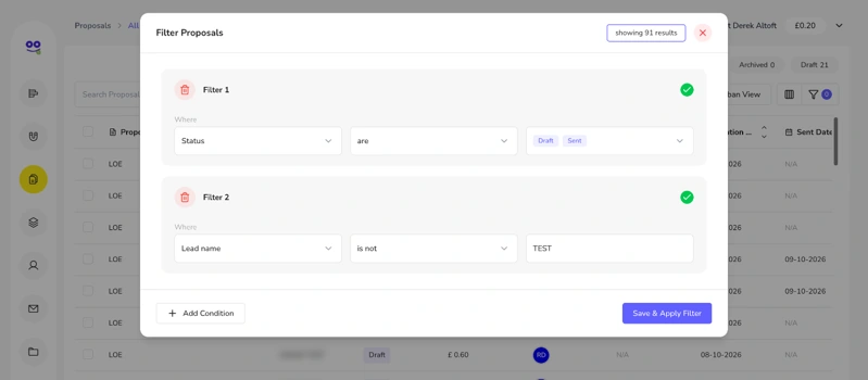 Filter proposals dialog with a status filter for Draft and Sent and a lead name condition
