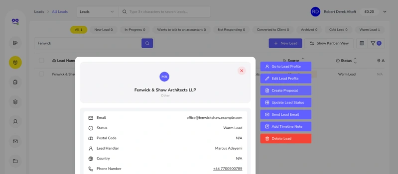 Lead quick view for a sample architects LLP with the Create Proposal button