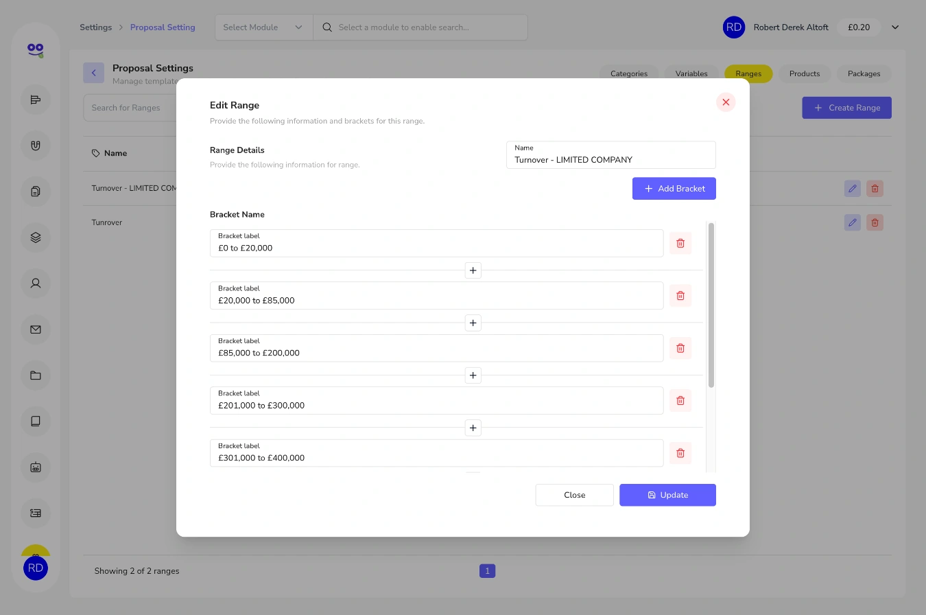 Edit range dialog with turnover brackets for limited companies