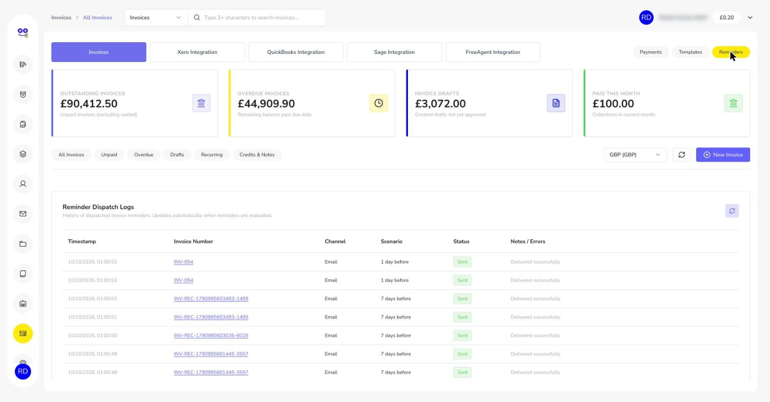 Invoice reminder dispatch log