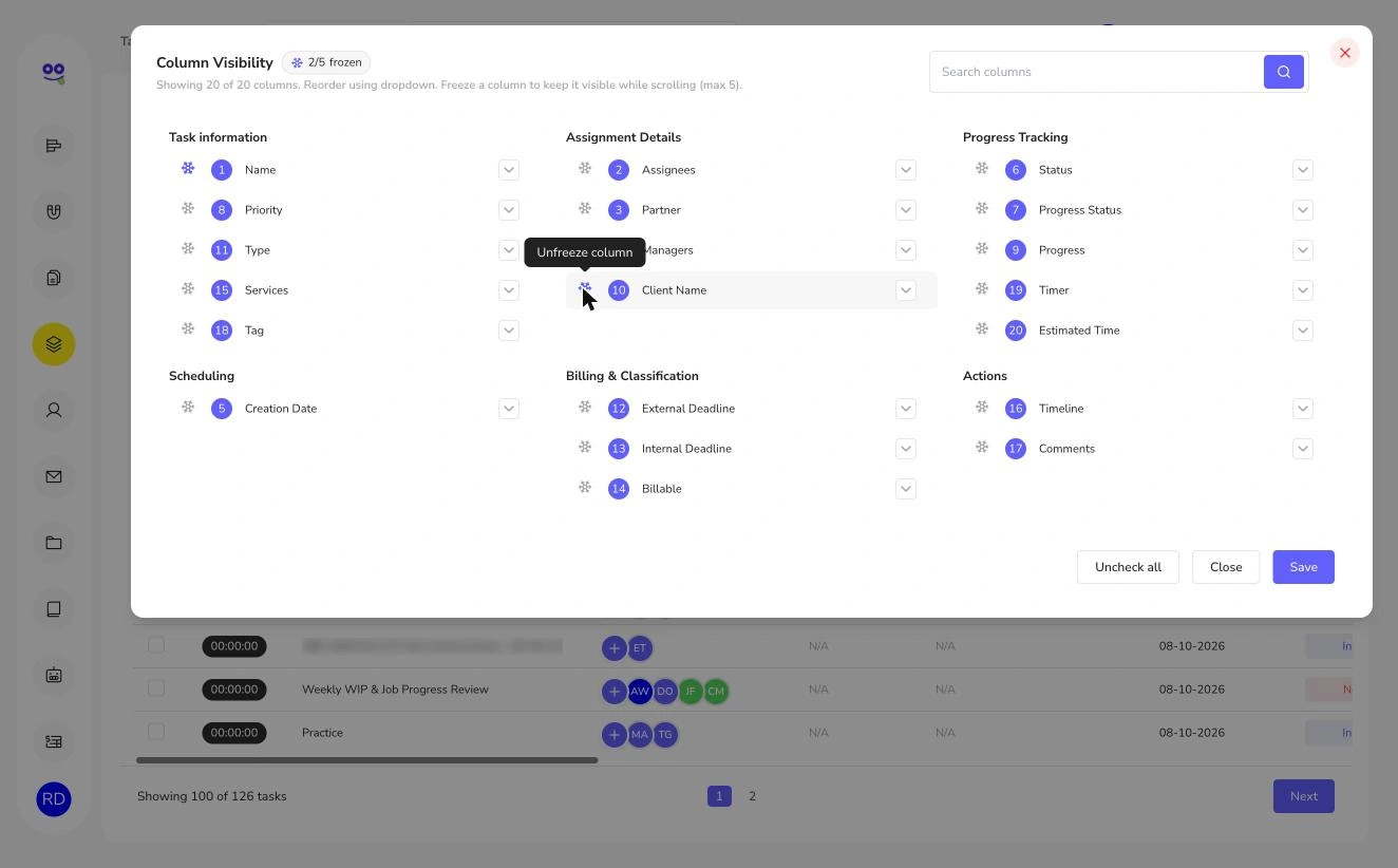 Date and other sorting in Remindoo: Column visibility dialog with grouped columns and freeze icons