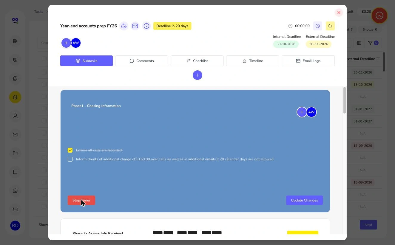 Subtask checklist with first item ticked and Stop Timer button