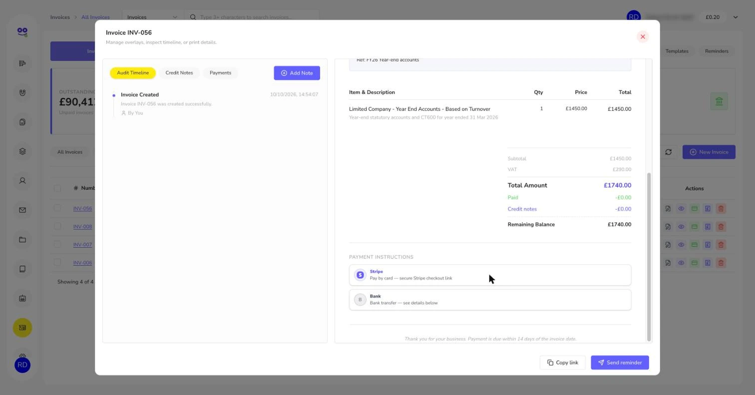 Invoice totals with Stripe and bank transfer payment options