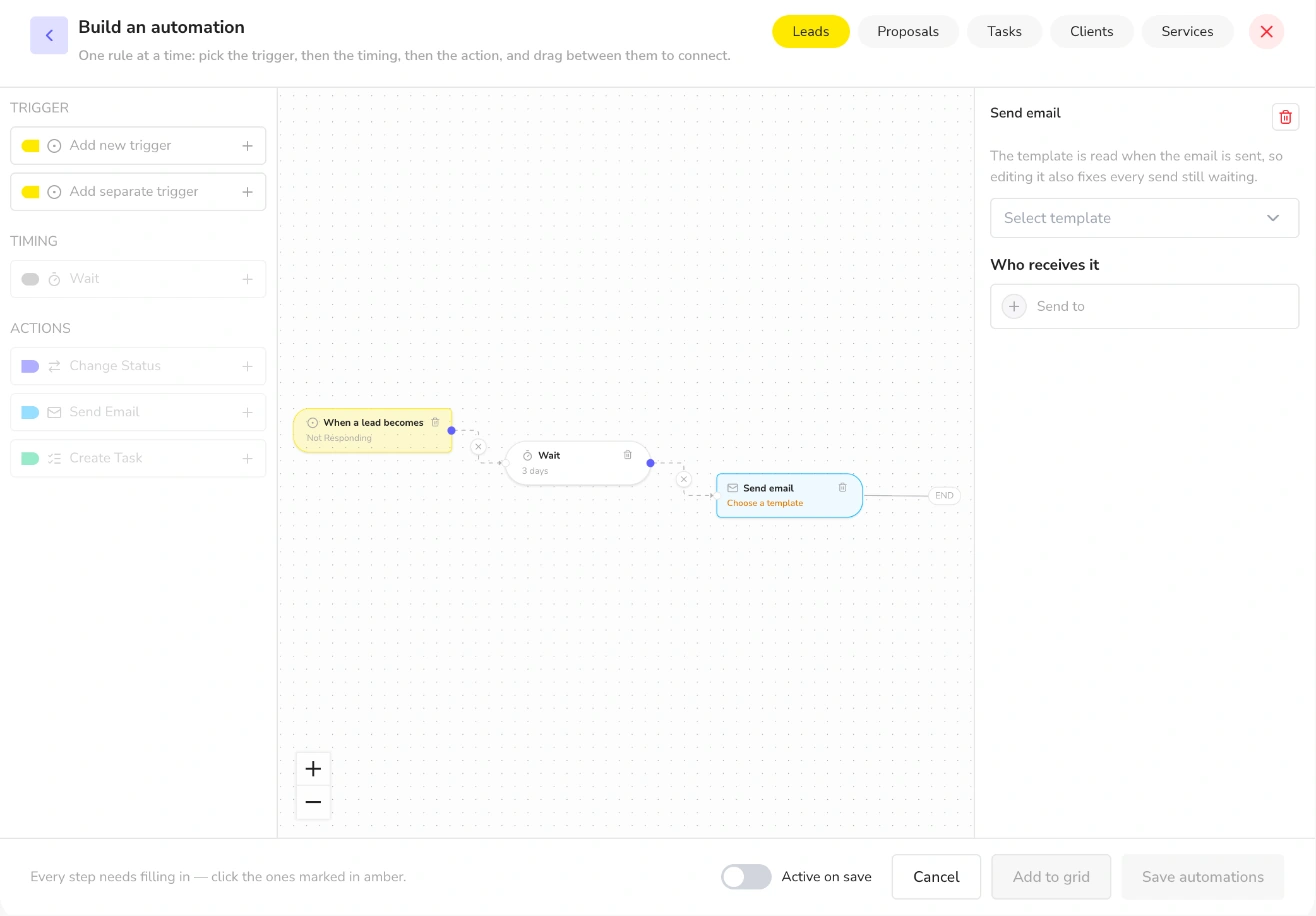 Visual automation builder with trigger when a lead becomes Not Responding, wait three days and send email