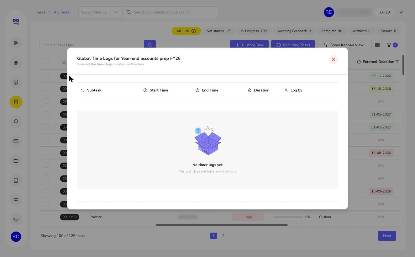 View total hours in Remindoo: Global time logs table for a task