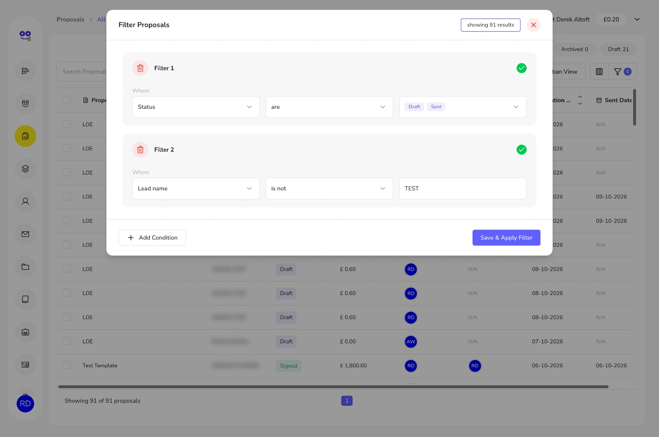 Filter proposals dialog with a status filter for Draft and Sent and a lead name condition