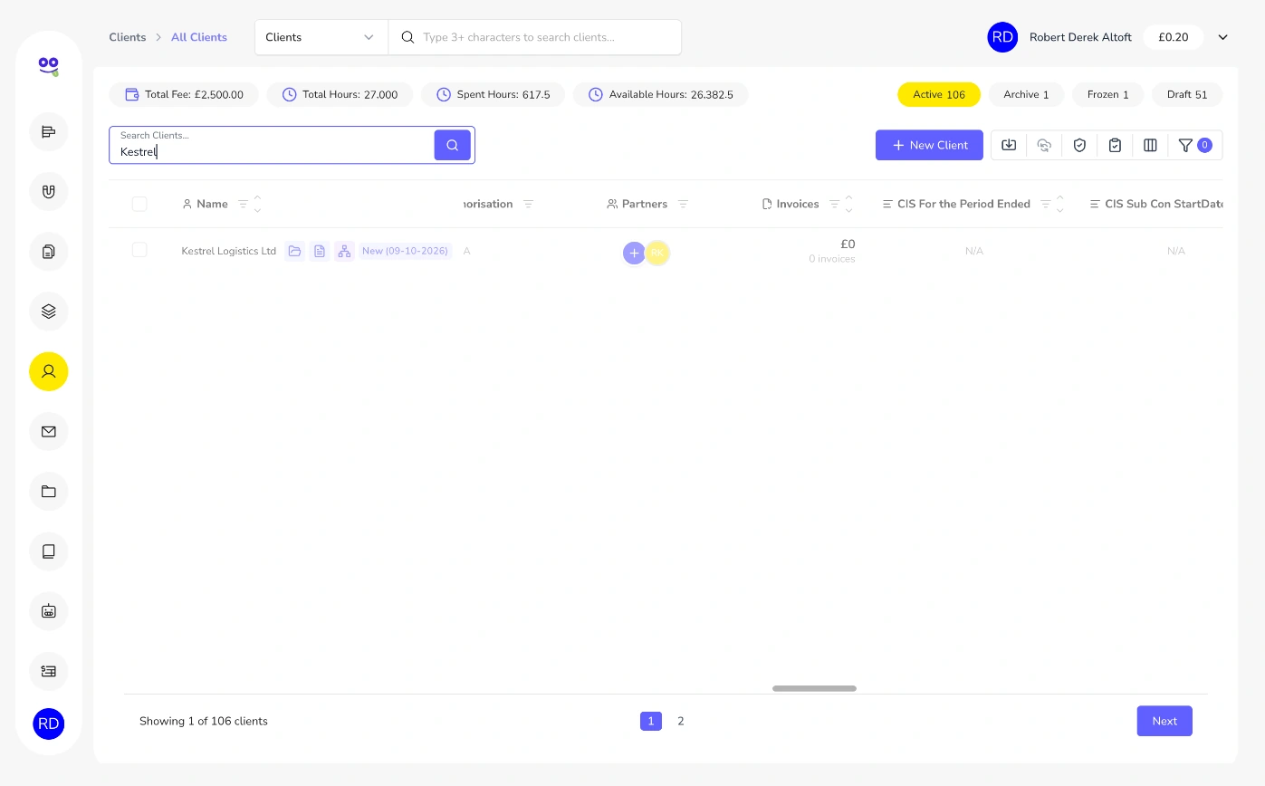 Client search returning a sample logistics company